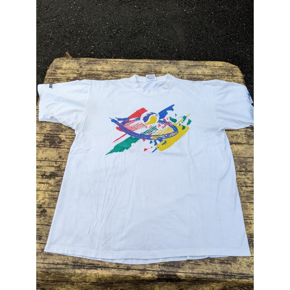Vintage Roche Fresh Gear 90s Colorful Tennis Made in USA White Shirt Sz 2XL